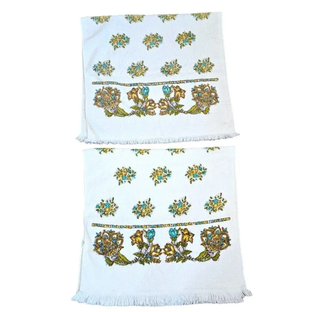 VTG Boho Yellow Blue White Floral Bath‎ Towel Set 22 X 39